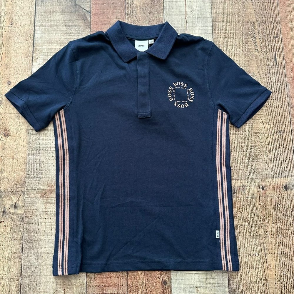 Hugo Boss Blue polo with red and white stripe boy's size 8